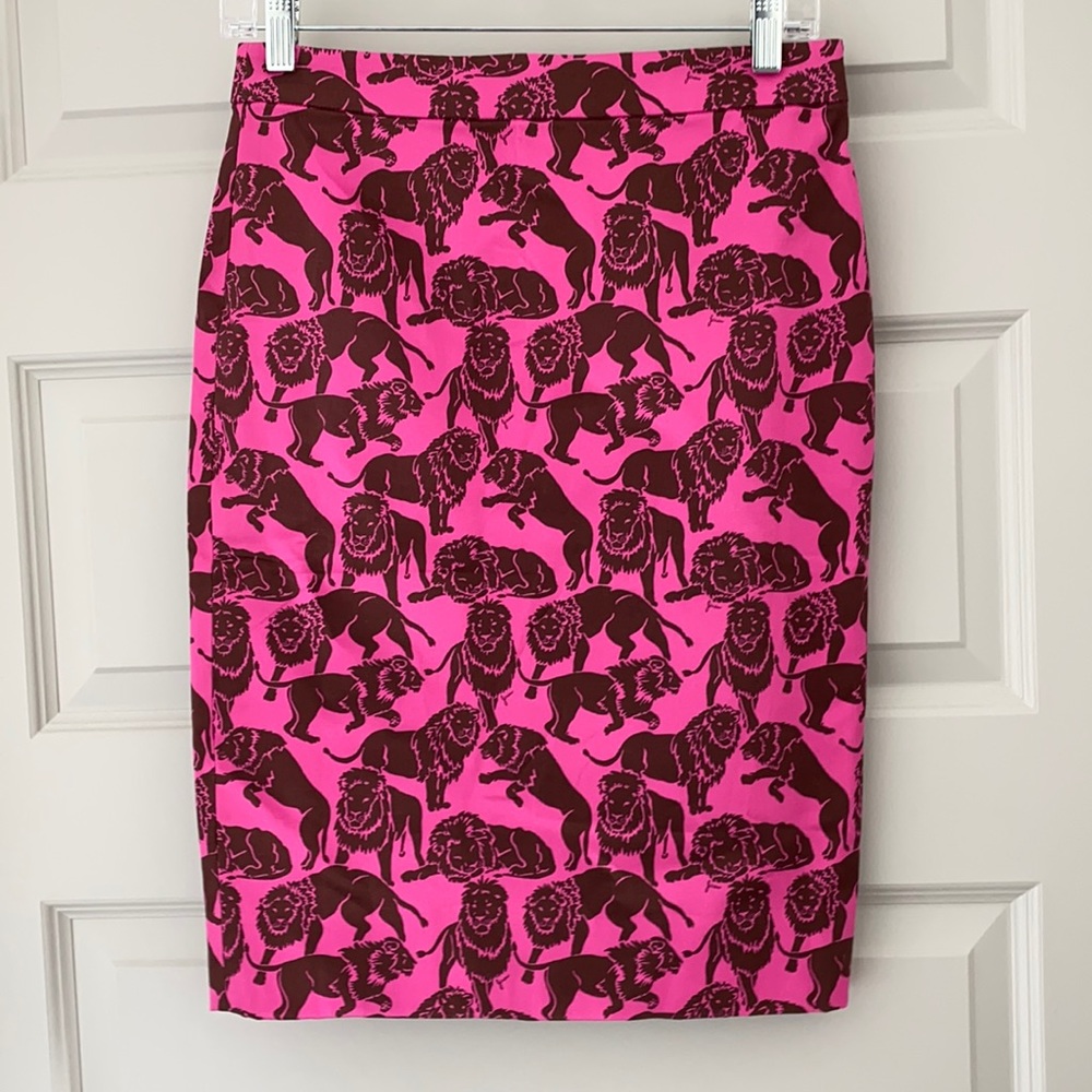 J Crew pink and brown lions pencil skirt
